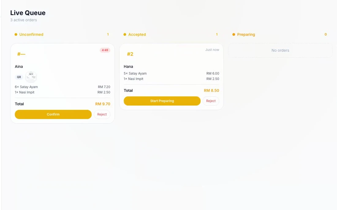 QueLess live queue dashboard with demo orders